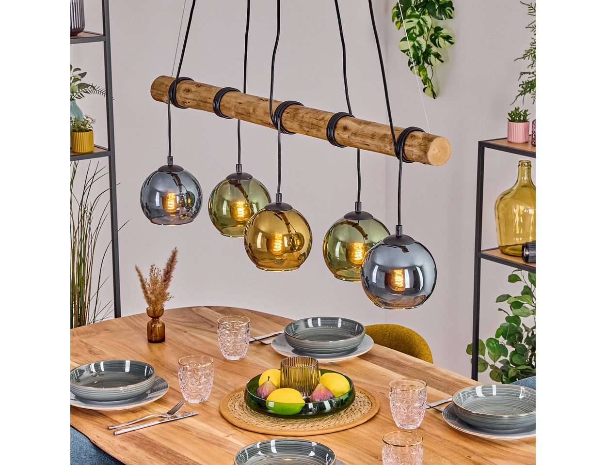 hofstein Pendelleuchte Hängelampe aus Metall/Holz/Glas in Schwarz/Natur/Blau/Grün/Gold, Hängeleuchte im Retro/Boho-Design mit Glasschirmen und Holzbalken, E27 von hofstein