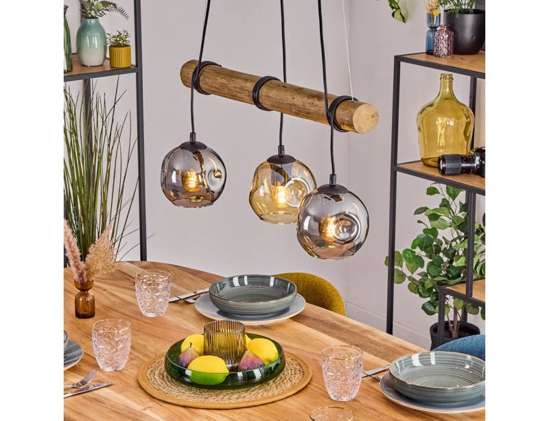 hofstein Pendelleuchte Hängelampe aus Metall/Holz/Glas in Schwarz/Natur/Rauch/Bernstein, Hängeleuchte im Retro/Boho-Design m. Holzbalken, (Schirme Ø 15cm), E27 von hofstein