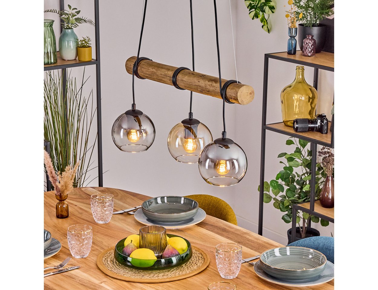 hofstein Pendelleuchte Hängelampe aus Metall/Holz/Glas in Schwarz/Natur/Rauch/Bernstein/Klar, Hängeleuchte im Retro/Boho-Design m. Holzbalken, (Schirme Ø 15cm), E27 von hofstein