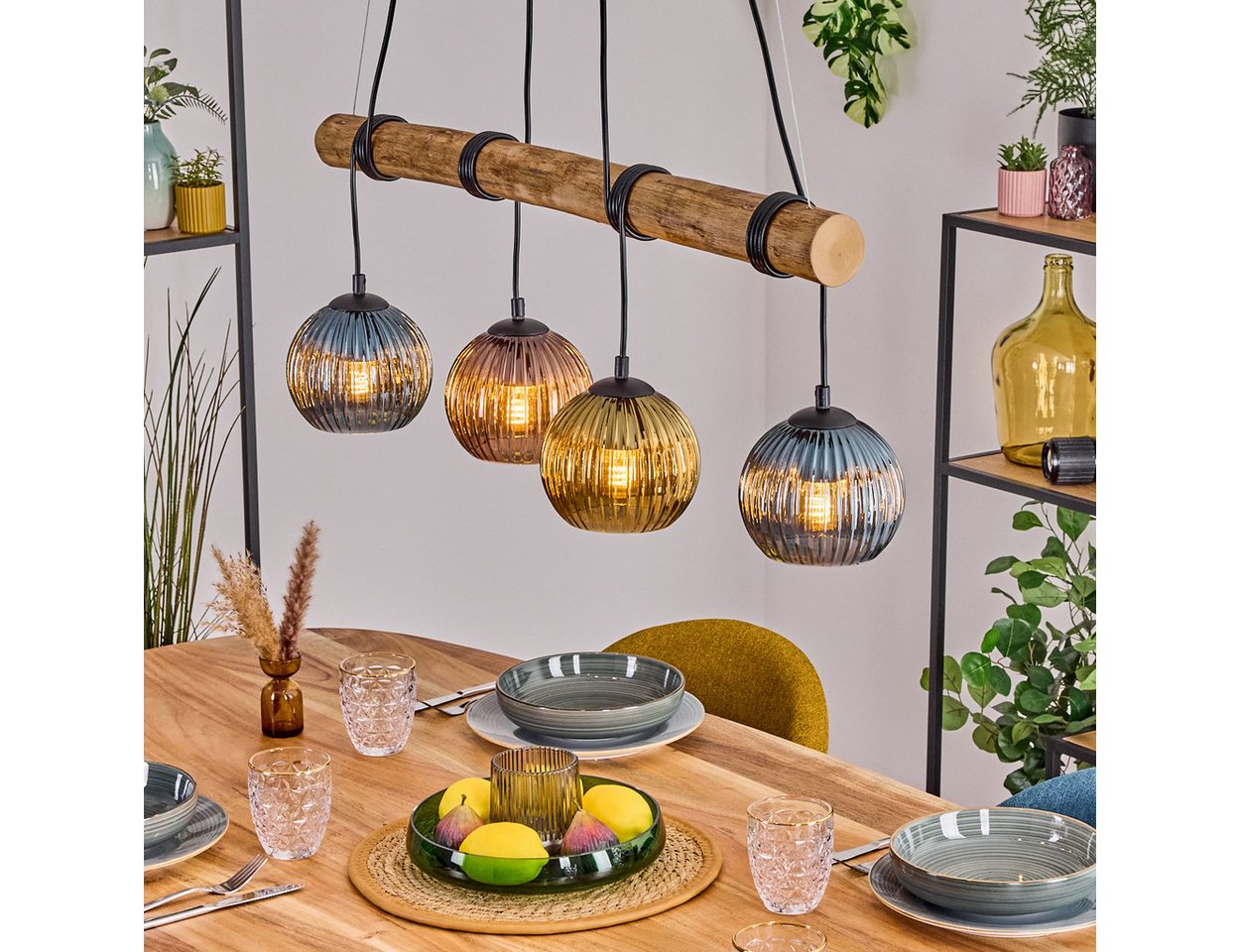 hofstein Pendelleuchte Hängelampe aus Metall/Holz/Riffelglas, Schwarz/Natur/Blau/Gold/Kupfer, Hängeleuchte im Retro/Boho-Design m. Holzbalken, (Schirme Ø 15cm), E27 von hofstein