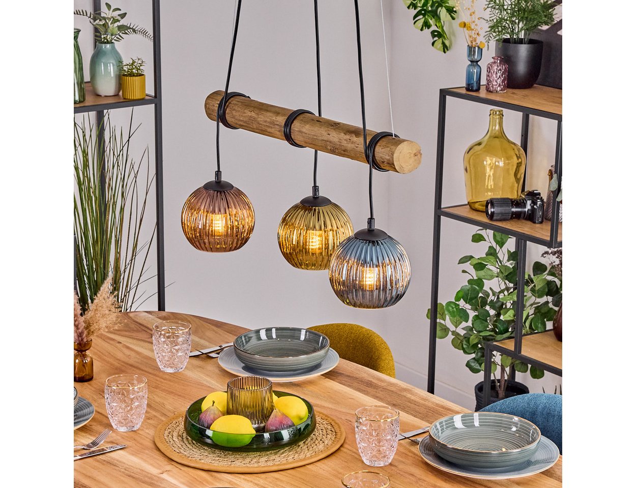 hofstein Pendelleuchte Hängelampe aus Metall/Holz/Riffelglas, Schwarz/Natur/Blau/Gold/Kupfer, Hängeleuchte im Retro/Boho-Design m. Holzbalken, (Schirme Ø 15cm), E27 von hofstein