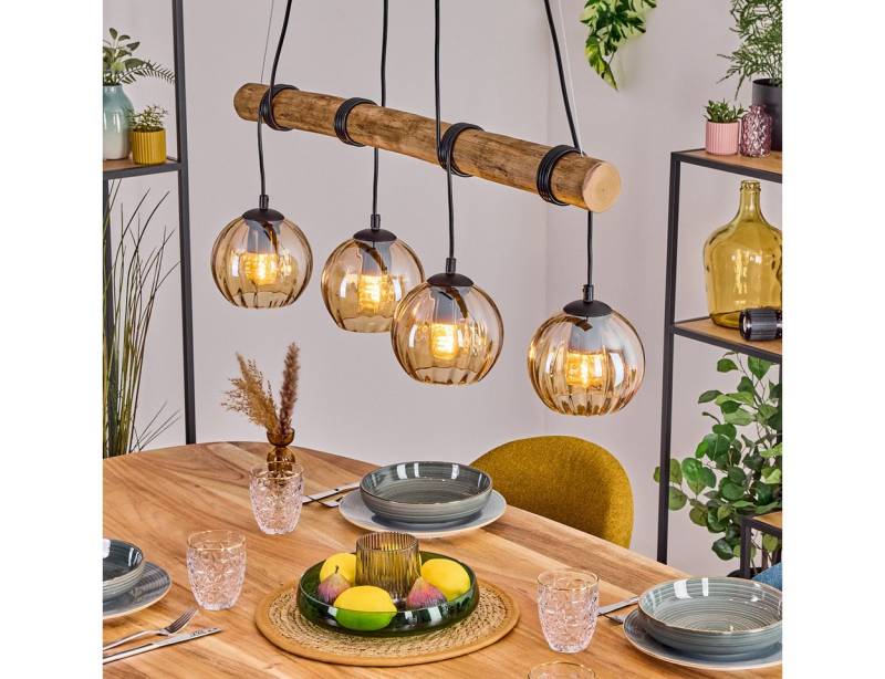 hofstein Pendelleuchte Hängelampe aus Metall/Holz/Riffelglas in Schwarz/Natur/Bernstein, Hängeleuchte im Retro/Boho-Design m. Holzbalken, (Schirme Ø 15cm), E27 von hofstein