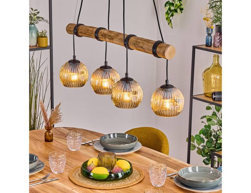 hofstein Pendelleuchte Hängelampe aus Metall/Holz/Riffelglas in Schwarz/Natur/Bernstein, Hängeleuchte im Retro/Boho-Design m. Holzbalken, (Schirme Ø 15cm), E27 von hofstein