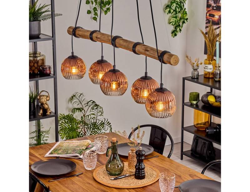 hofstein Pendelleuchte Hängelampe aus Metall/Holz/Riffelglas in Schwarz/Natur/Kupfer/Klar, ohne Leuchtmittel, Hängeleuchte Retro/Boho mit Glasschirmen und Holzbalken, 5 x E27 von hofstein