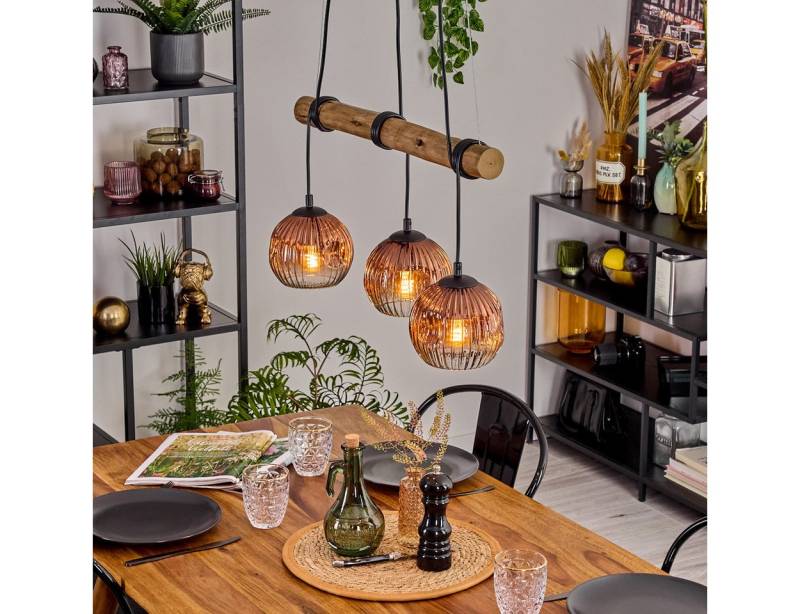 hofstein Pendelleuchte Hängelampe aus Metall/Holz/Riffelglas in Schwarz/Natur/Kupfer/Klar, ohne Leuchtmittel, Hängeleuchte im Retro/Boho Design mit Glasschirmen und Holzbalken, E27 von hofstein