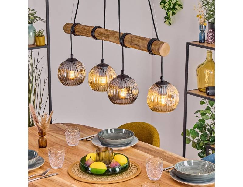 hofstein Pendelleuchte Hängelampe aus Metall/Holz/Riffelglas in Schwarz/Natur/Rauch/Bernstein, Hängeleuchte im Retro/Boho-Design m. Holzbalken, (Schirme Ø 15cm), E27 von hofstein