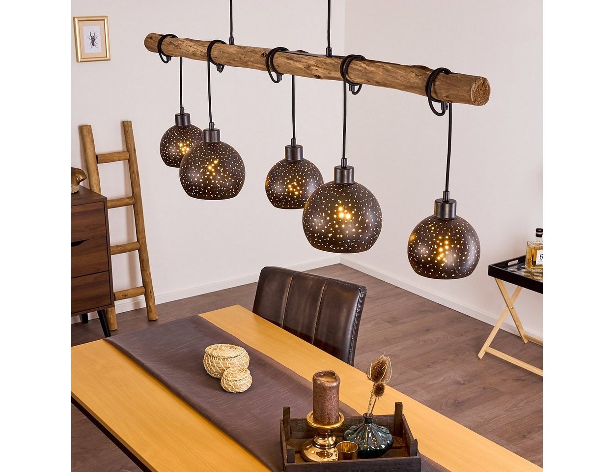 hofstein Pendelleuchte »Nave« 5-flammige Deckenlampe aus Metall in schwarz und kupferfarben, ohne Leuchtmittel, Vintage Look Pendellampe mit Holz in Natur, 5xE27 von hofstein