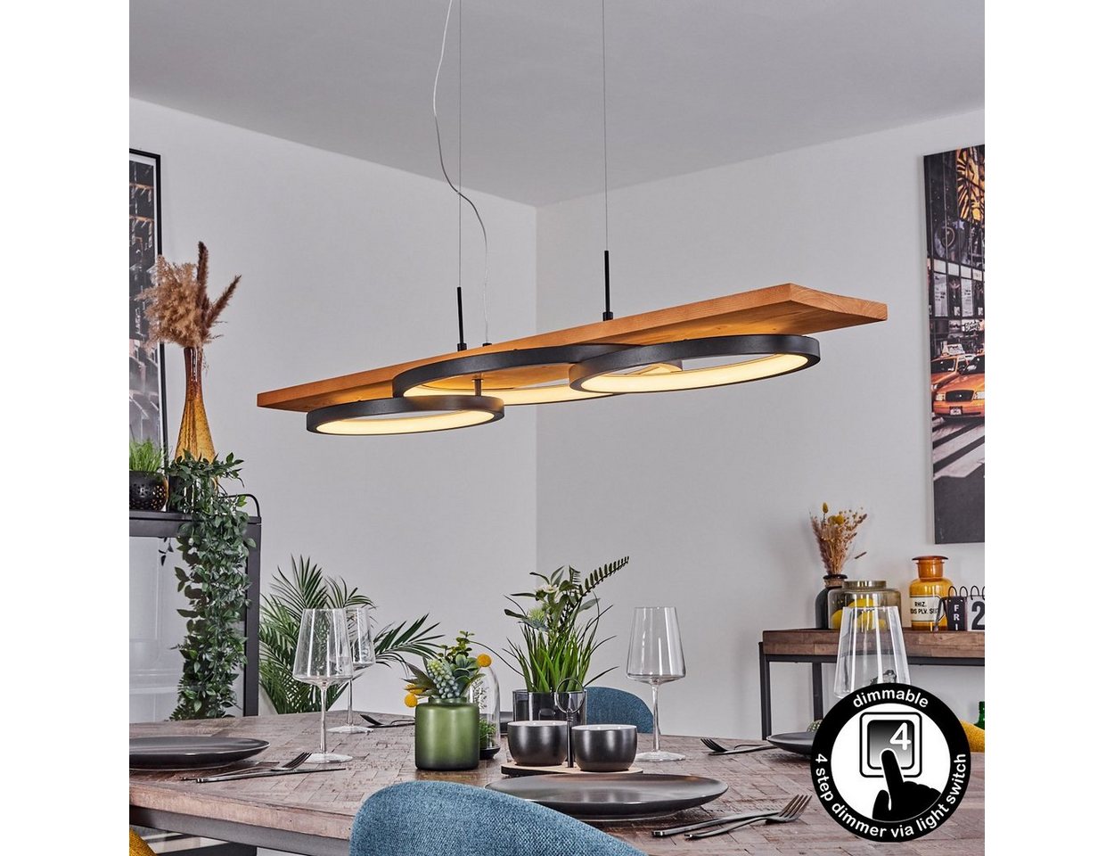 hofstein Pendelleuchte »Palermo« Hängelampe aus Metall/Holz/Kunststoff in Natur/Schwarz, 3000 Kelvin, Höhe max. 151cm, dimmbar über Lichtschalter, 4700 Lumen, 1xLED 40 Watt von hofstein