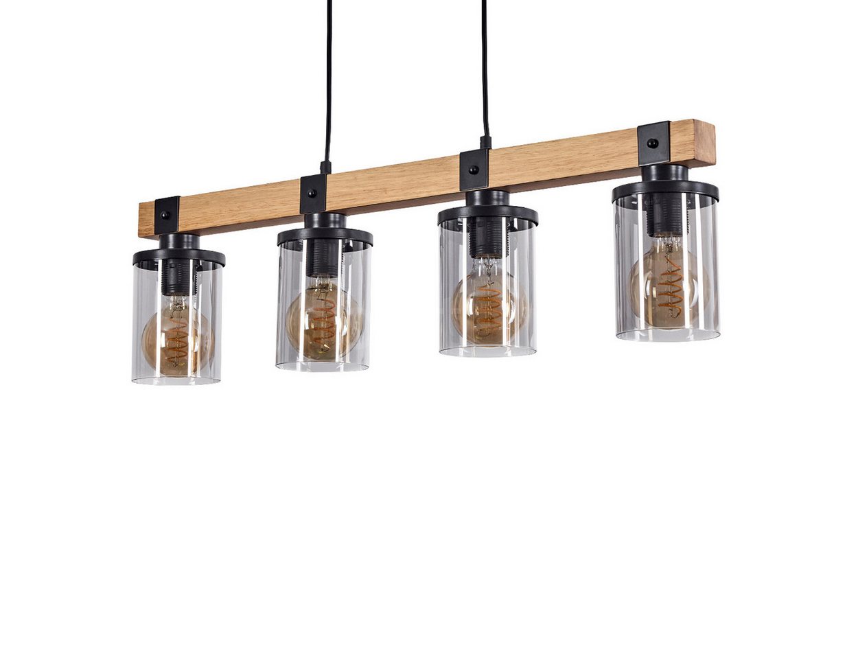 hofstein Pendelleuchte »Ramera« Hängelampe aus Metall/Holz/Glas in Schwarz/Klar/Rauchfarben, ohne Leuchtmittel, Leuchte im Retro/Vintage Design mit Glasschirmen (10cm),4xE27 von hofstein