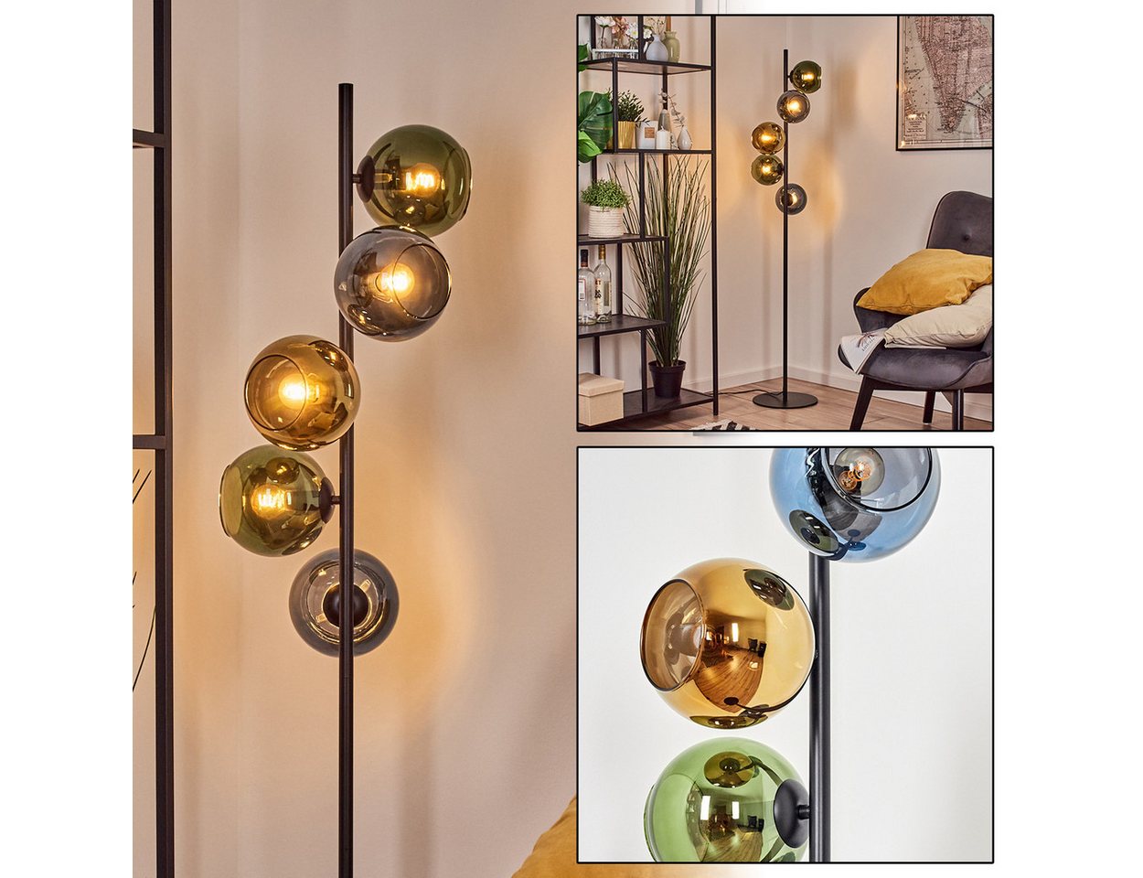 hofstein Pollerleuchte Stehlampe aus Metall/Glas in Schwarz/Blau/Grün/Goldfarben, ohne Leuchtmittel, Stehleuchte im Retro/Vintage-Design, Fußschalter, 160 cm, 5 x E14 von hofstein