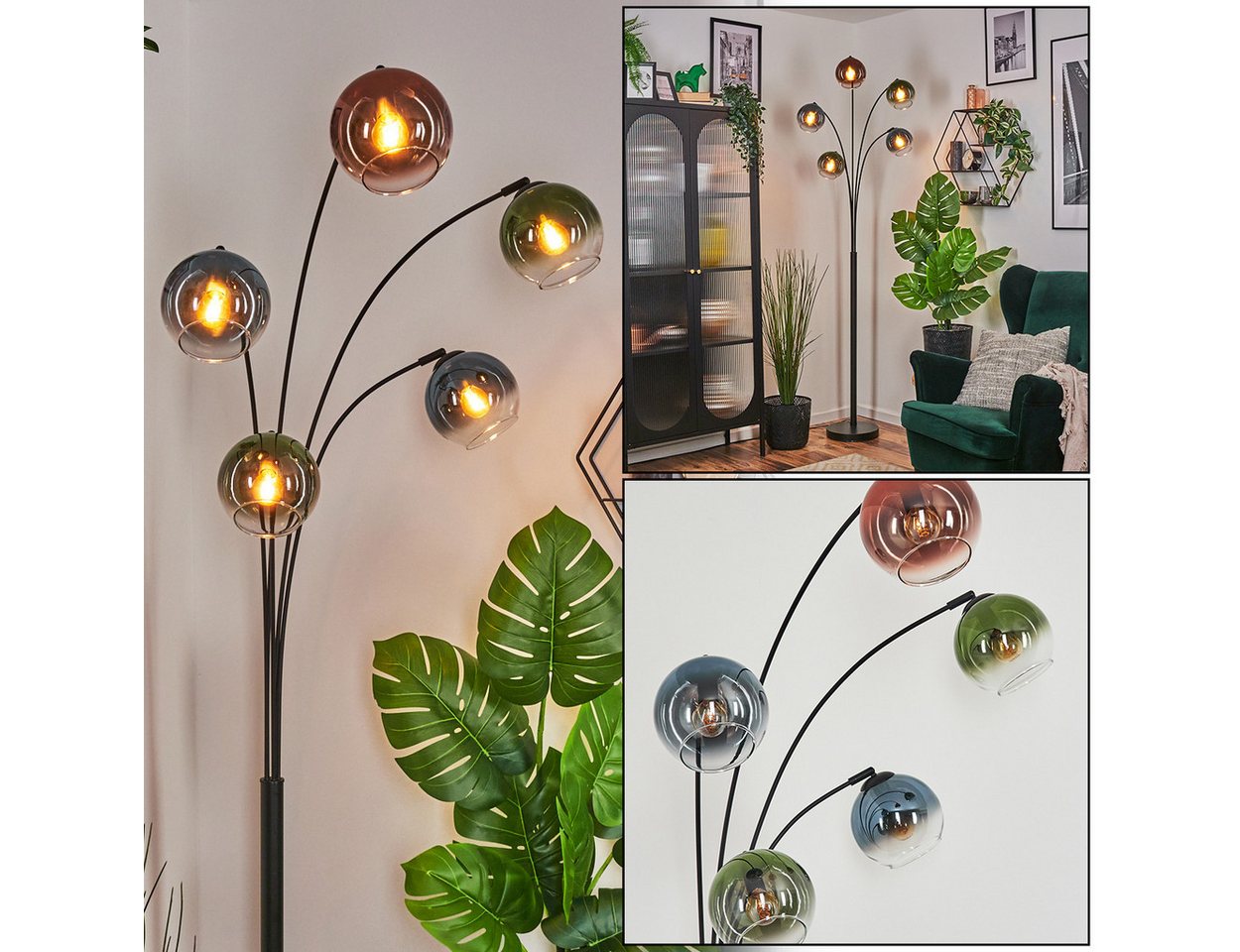 hofstein Pollerleuchte Stehlampe aus Metall/Glas in Schwarz/Kupfer/Grün/Blau/Klar, ohne Leuchtmittel, verstellbare Stehleuchte im Vintage-Design, Fußschalter, 160 cm, 5xE14 von hofstein