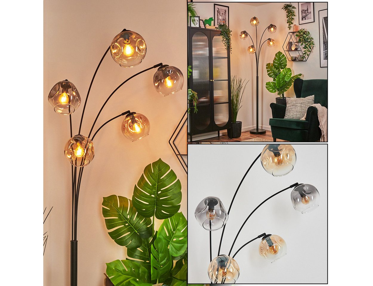 hofstein Pollerleuchte Stehlampe aus Metall/Glas in Schwarz/Rauch-/Bernsteinfarben/Klar, verstellbare Stehleuchte im Vintage-Design, Fußschalter, 210 cm, 5xE14 von hofstein