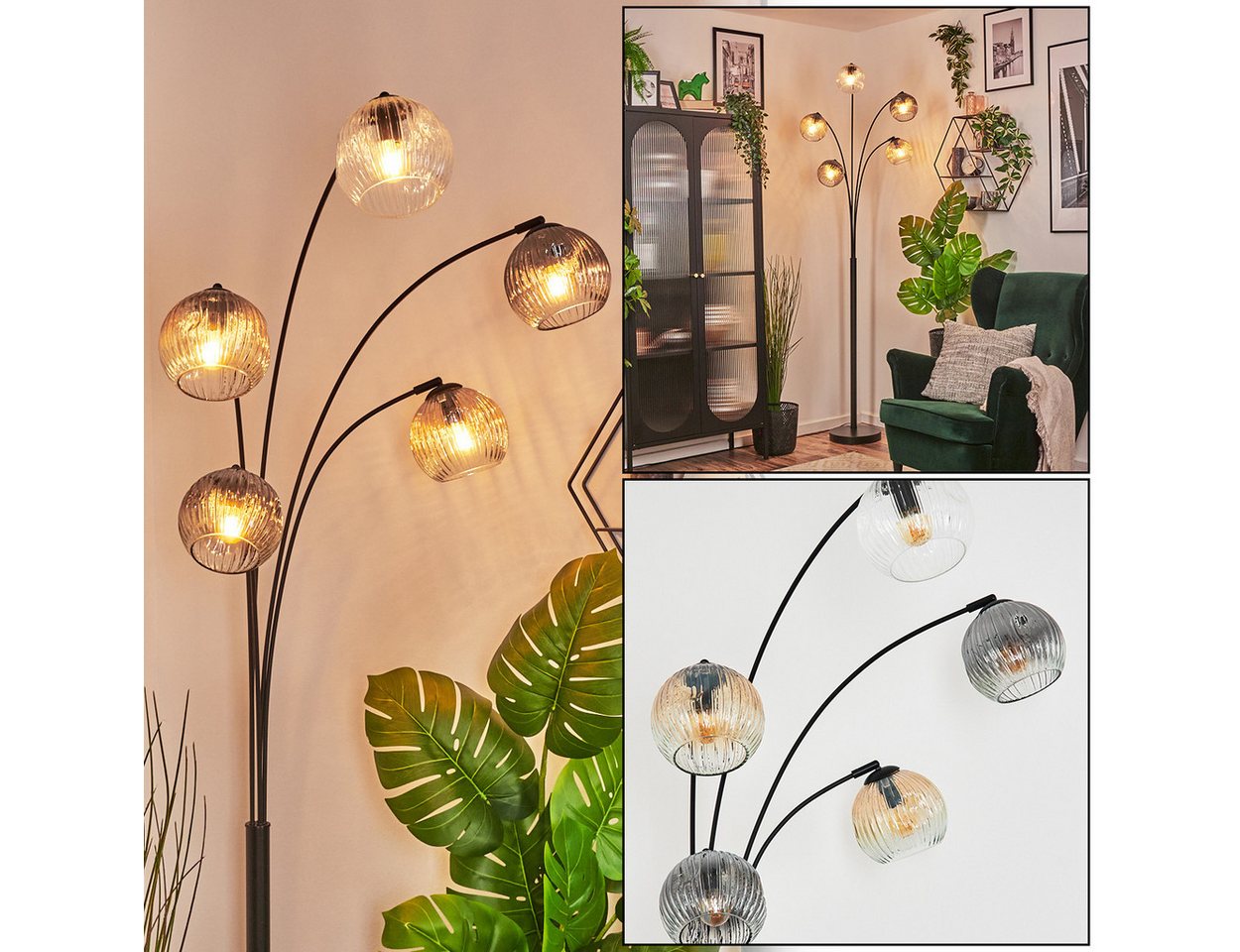 hofstein Pollerleuchte Stehlampe aus Metall/Riffelglas in Schwarz/Rauch/Bernstein/Klar, verstellbare Stehleuchte im Vintage-Design, Fußschalter, 210 cm, 5xE14 von hofstein