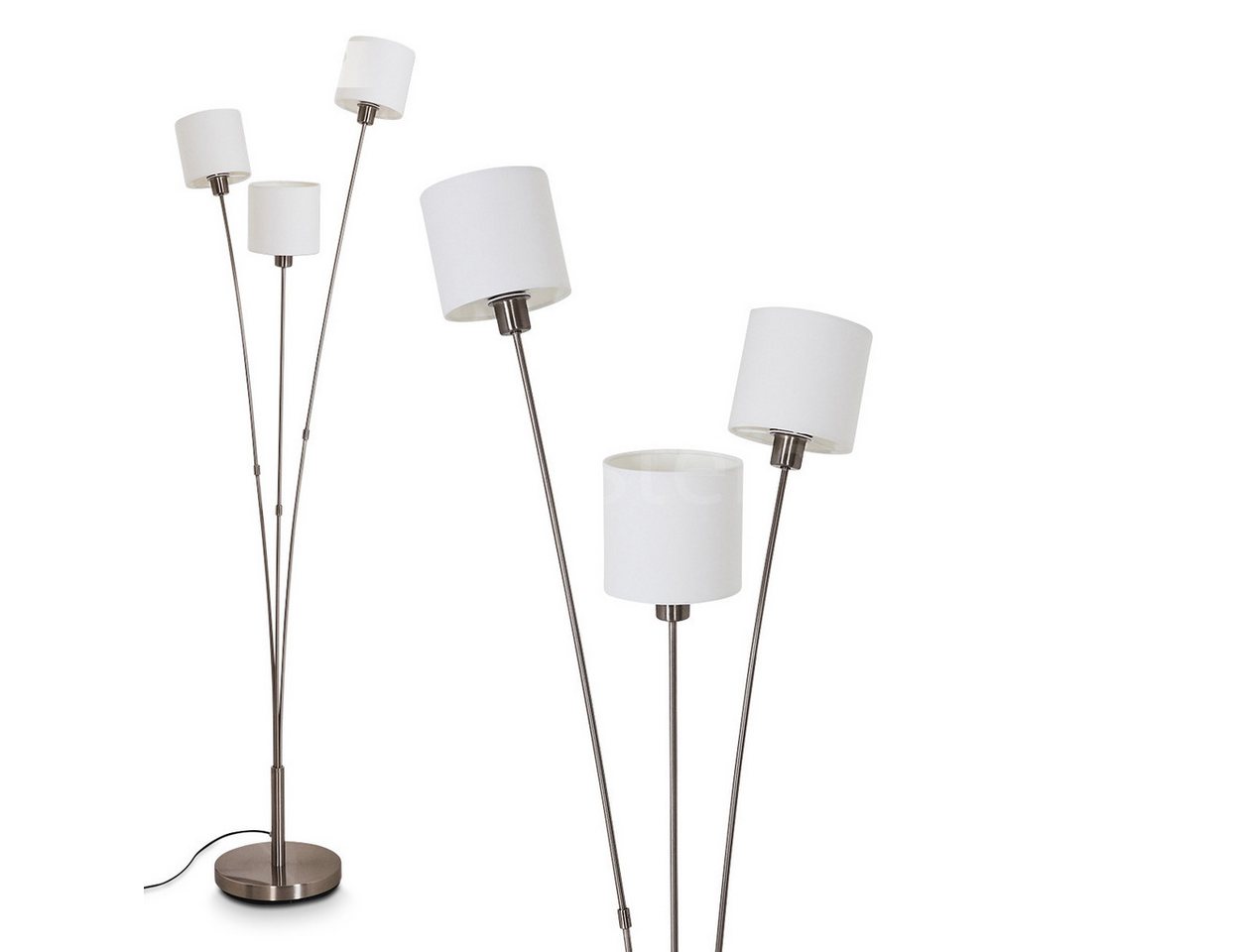 hofstein Stehlampe »Costa« runde Bodenlampe aus Metall, Nickel-matt, weiße Stoffschirme, ohne Leuchtmittel, Standlampe, 3xE14, mit Fußschalter am Kabel von hofstein