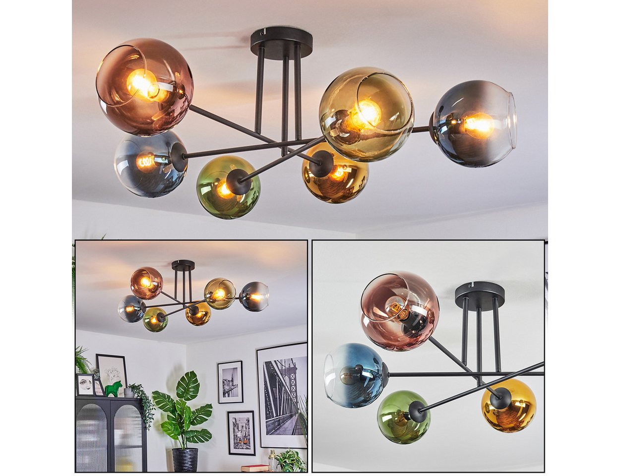 hofstein Stehlampe Deckenlampe aus Metall/Glas in Schwarz/Blau/Grün/Kupfer/Gold/Klar, ohne Leuchtmittel, Deckenleuchte im Retro/Vintage-Design (Schirme Ø 15 cm), 6 x E14 von hofstein