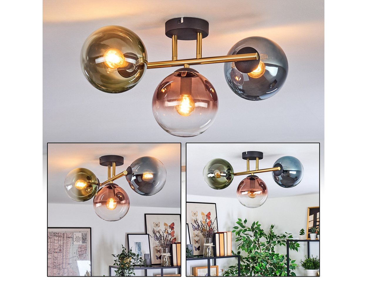hofstein Stehlampe Deckenlampe aus Metall/Glas in Schwarz/Gold/Blau/Grün/Kupfer/Klar, ohne Leuchtmittel, moderne Deckenleuchte im Retro/Vintage-Design (Schirme 15 cm), 3xE14 von hofstein