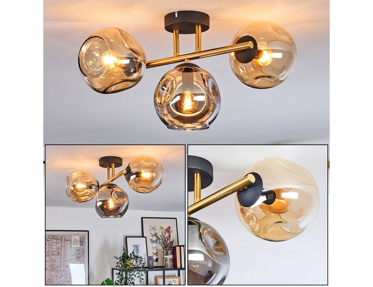 hofstein Stehlampe Deckenlampe aus Metall/Glas in Schwarz/Gold/Rauch/Bernstein, Deckenleuchte im modernen Vintage-Design (Schirme Ø 15 cm), 3 x E14 von hofstein