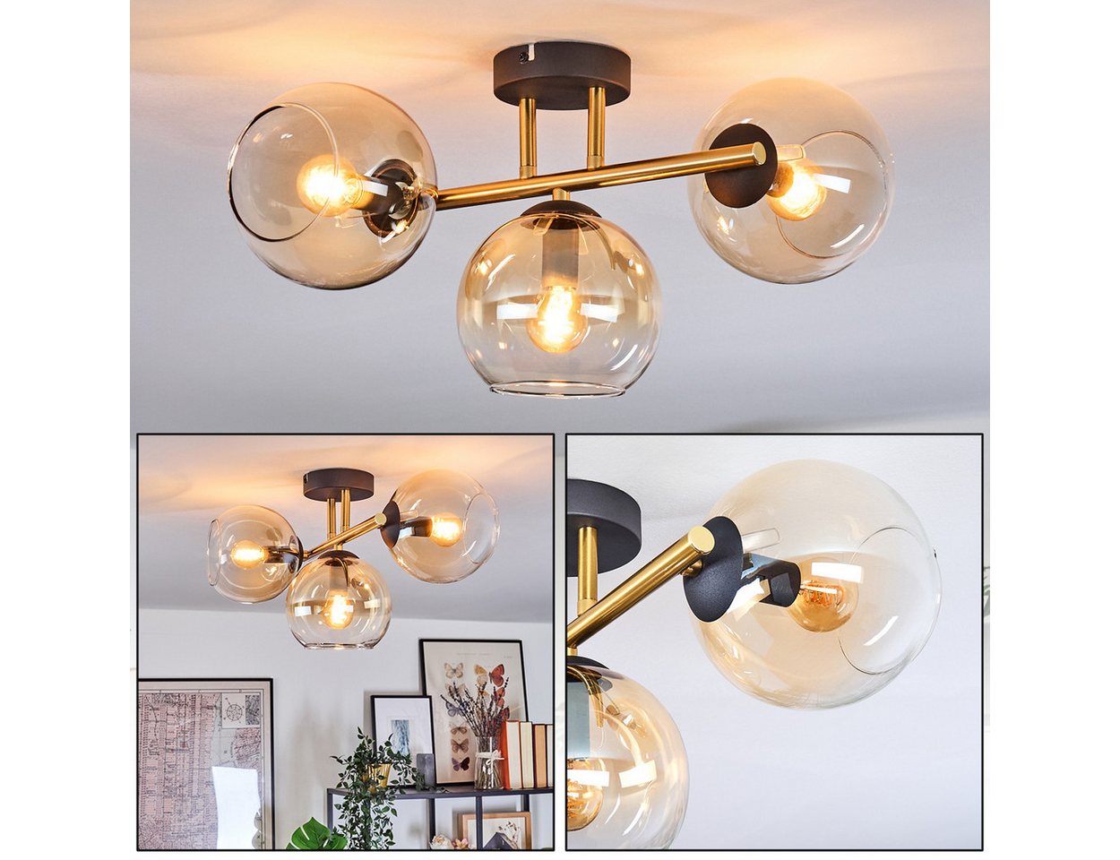 hofstein Stehlampe Deckenlampe aus Metall/Glas in Schwarz/Gold-/Bernsteinfarben/Klar, Deckenleuchte im modernen Vintage-Design (Schirme Ø 15 cm), 3 x E14 von hofstein