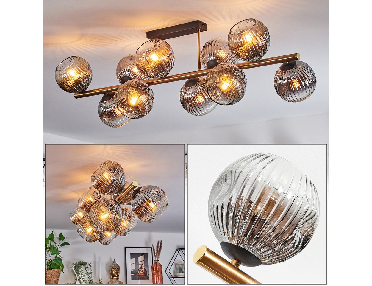 hofstein Stehlampe Deckenlampe aus Metall/Riffelglas in Schwarz/Gold/Chrom/Rauch/Klar, ohne Leuchtmittel, moderne Deckenleuchte im Retro/Vintage-Design (Schirme 15cm), 10xE14 von hofstein
