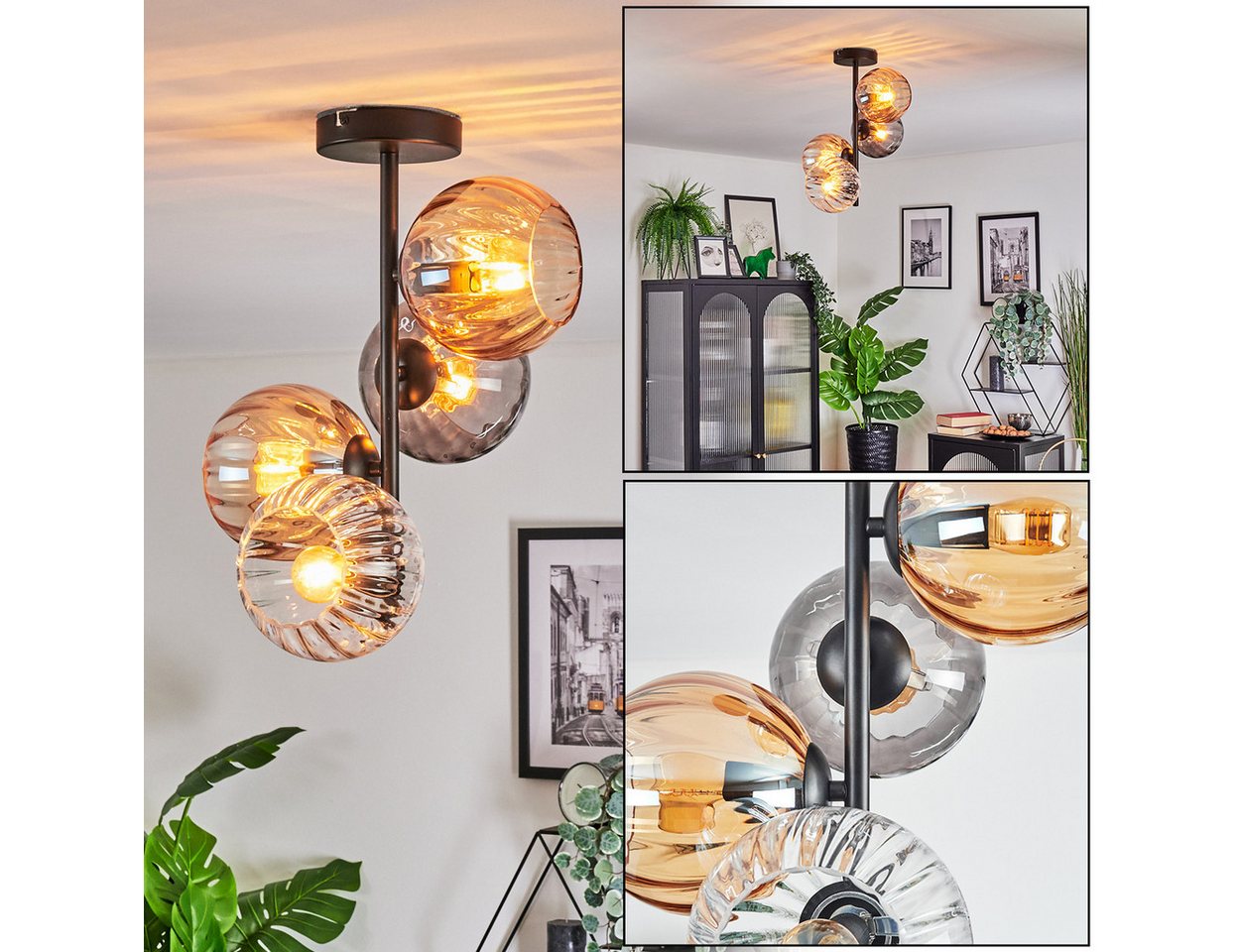 hofstein Stehlampe Deckenlampe aus Metall/Riffelglas in Schwarz/Rauch/Bernstein/Klar, ohne Leuchtmittel, Deckenleuchte im Retro/Vintage-Design (Schirme Ø 15 cm), 4 x E14 von hofstein