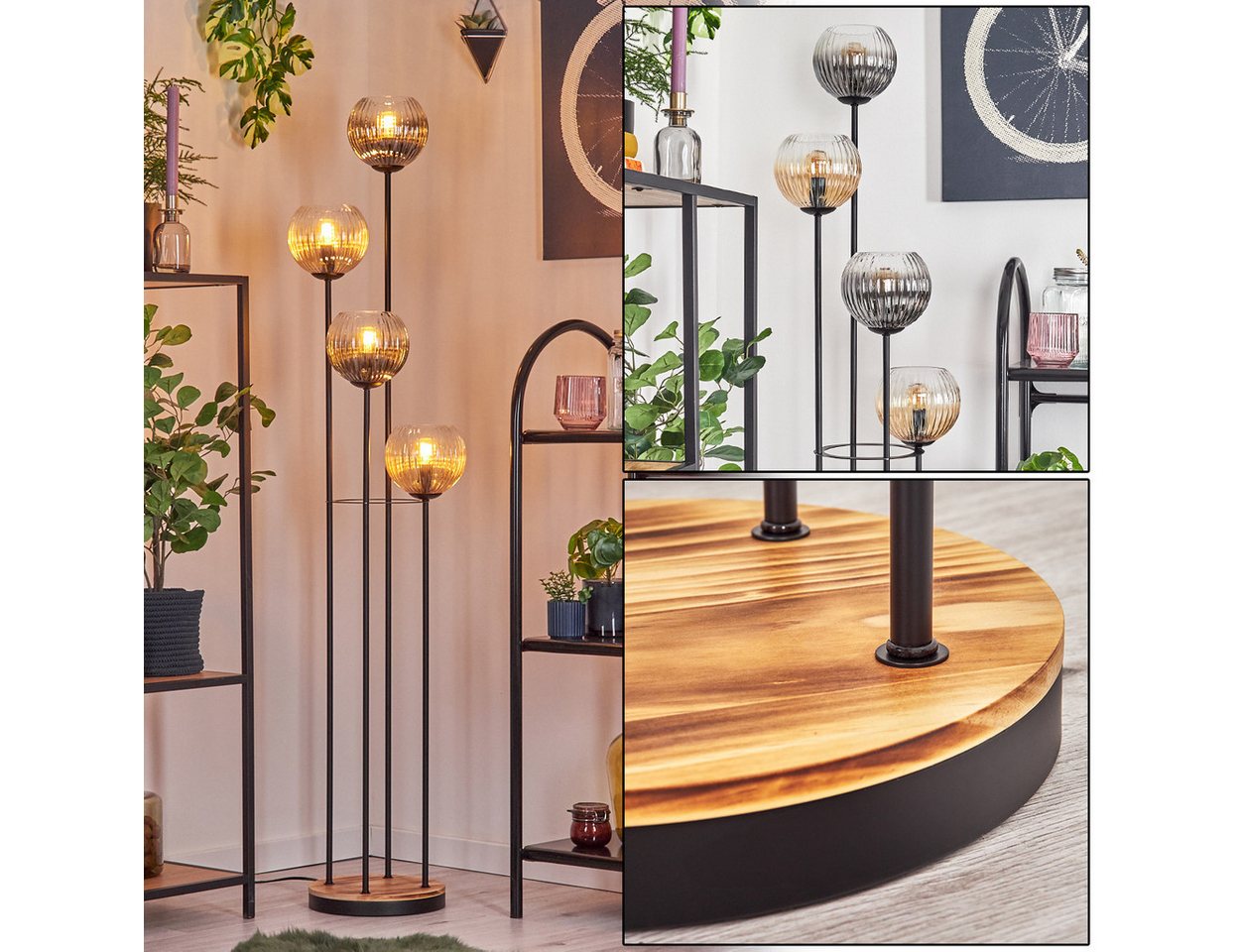 hofstein Stehlampe Stehlampe Metall/Holz/Riffelglas in Schwarz/Natur/Rauch/Bernstein/Klar, ohne Leuchtmittel, Stehleuchte im Retro-Design m. Glasschirmen (15cm), Fußschalter, E14 von hofstein