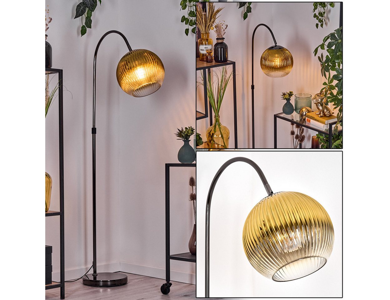 hofstein Stehlampe Stehlampe Metall/Riffelglas in Schwarz/Chrom/Gold/Klar im Retro-Design, verstellbare Stehleuchte mit Glasschirmen (25cm) u. Fußschalter, E27 von hofstein