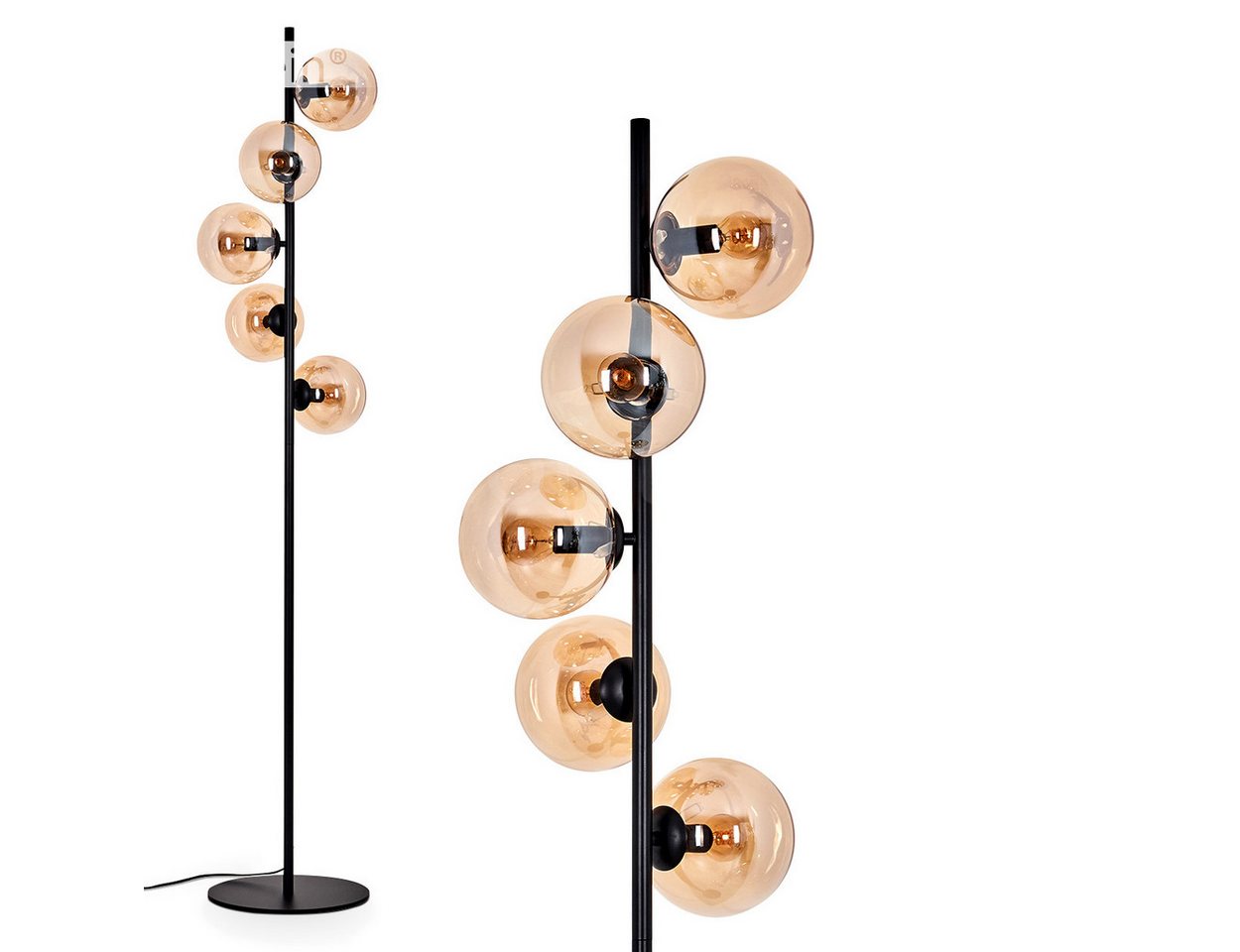 hofstein Stehlampe Stehlampe aus Metall/Glas in Schwarz/Bernstein, ohne Leuchtmittel, Leuchte mit Glasschirmen (15cm),Schalter, 5 x E14, ohne Leuchtmittel von hofstein
