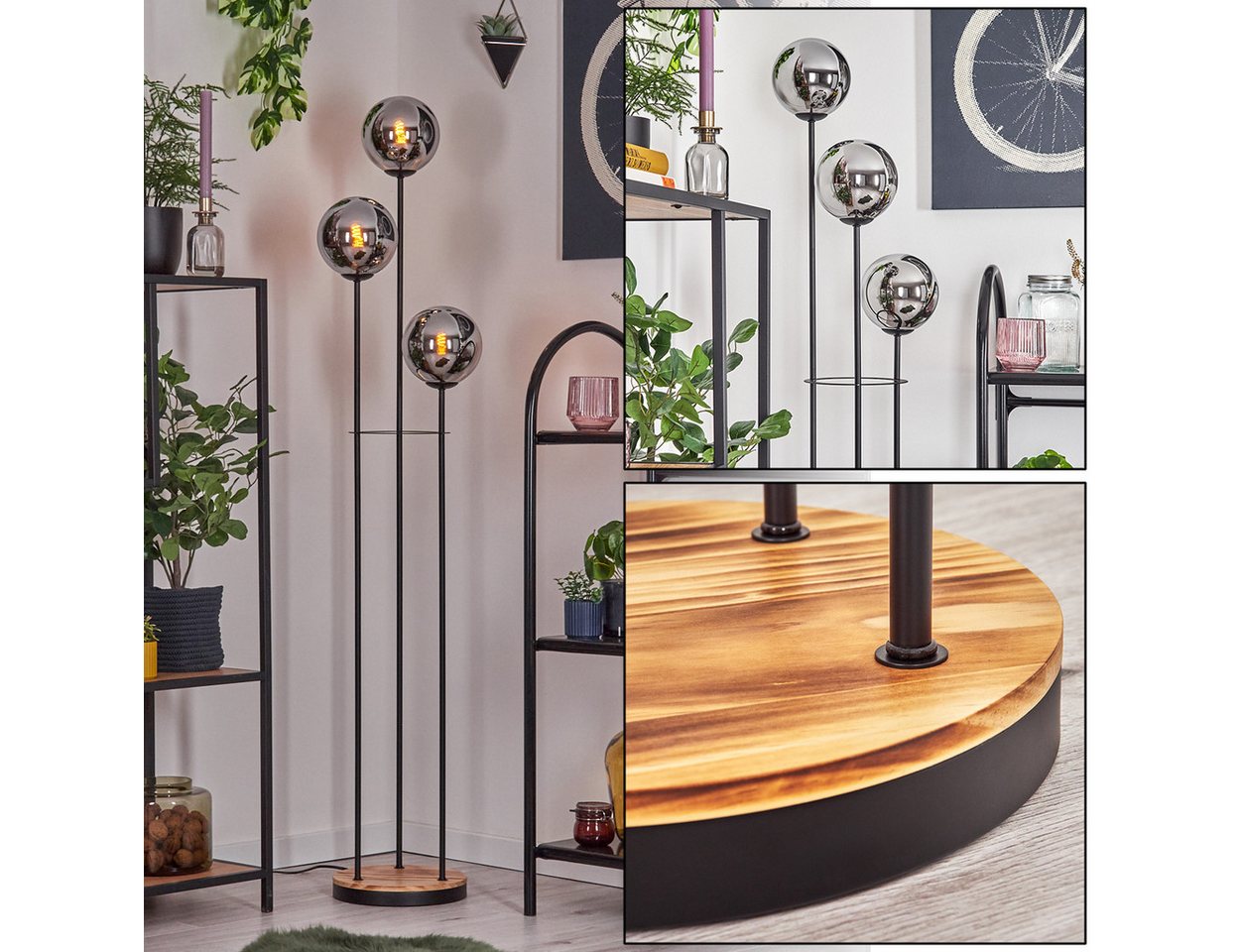 hofstein Stehlampe Stehlampe aus Metall/Holz/Glas in Schwarz/Hellbraun/Chrom/Rauch, ohne Leuchtmittel, Stehleuchte im Retro-Design m. Glasschirmen (15cm), Fußschalter, E14 von hofstein