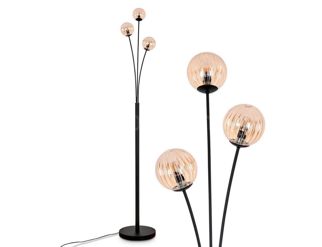 hofstein Stehlampe Stehlampe aus Metall/Riffelglas in Schwarz/Bernstein, ohne Leuchtmittel, Leuchte mit Glasschirmen (10cm), dimmbar, 3xG9, ohne Leuchtmittel von hofstein