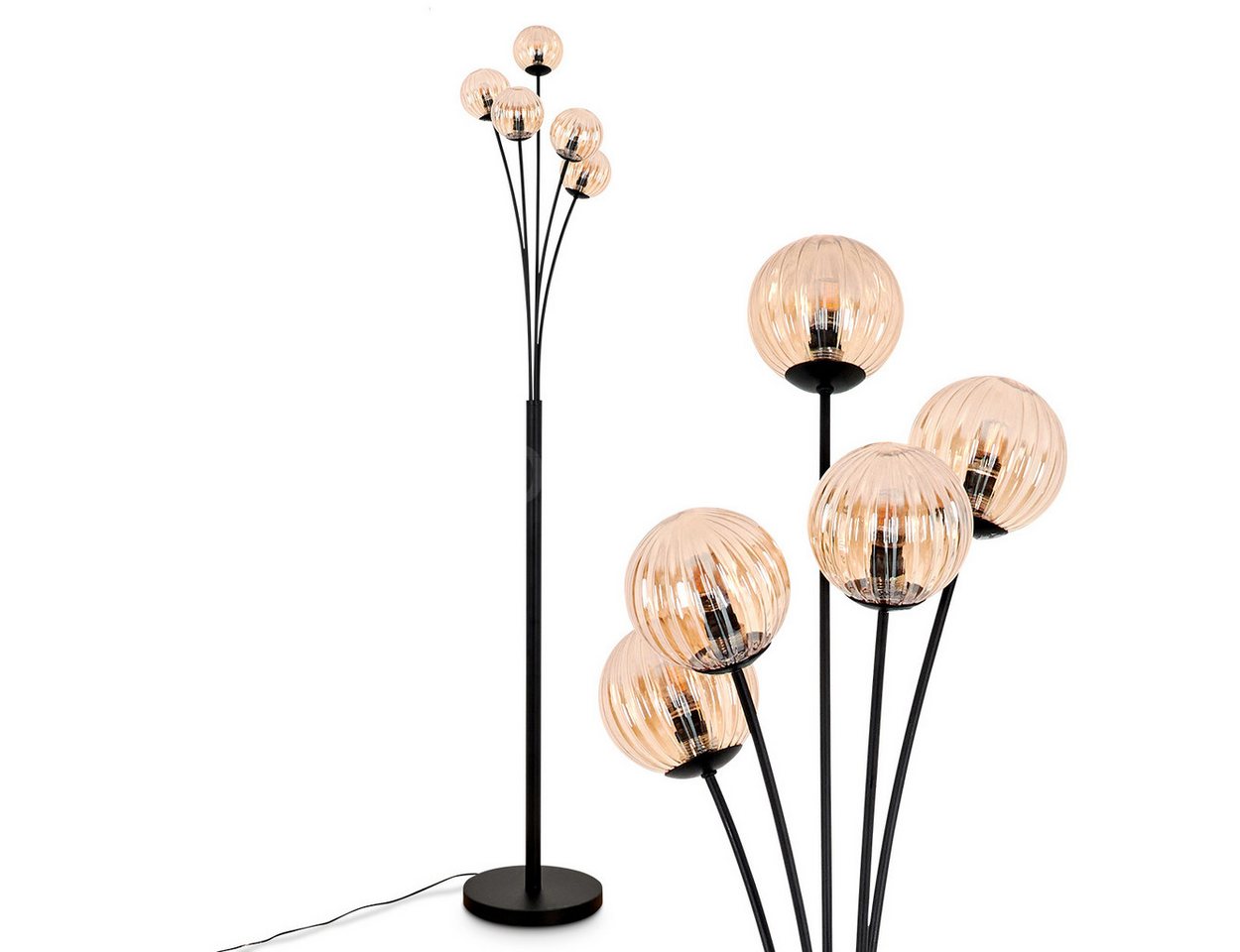 hofstein Stehlampe Stehlampe aus Metall/Riffelglas in Schwarz/Bernstein, ohne Leuchtmittel, Leuchte mit Glasschirmen (10cm), dimmbar, 5xG9, ohne Leuchtmittel von hofstein