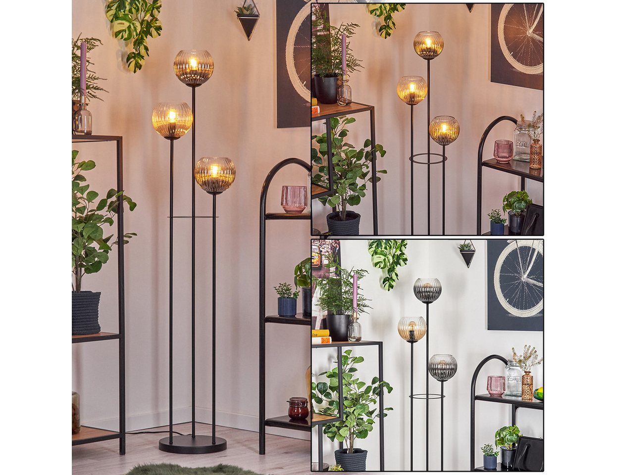 hofstein Stehlampe Stehlampe aus Metall/Riffelglas in Schwarz/Bernstein/Rauch/Klar, ohne Leuchtmittel, Stehleuchte im Retro-Design m. Glasschirmen (15cm), Fußschalter, E14 von hofstein
