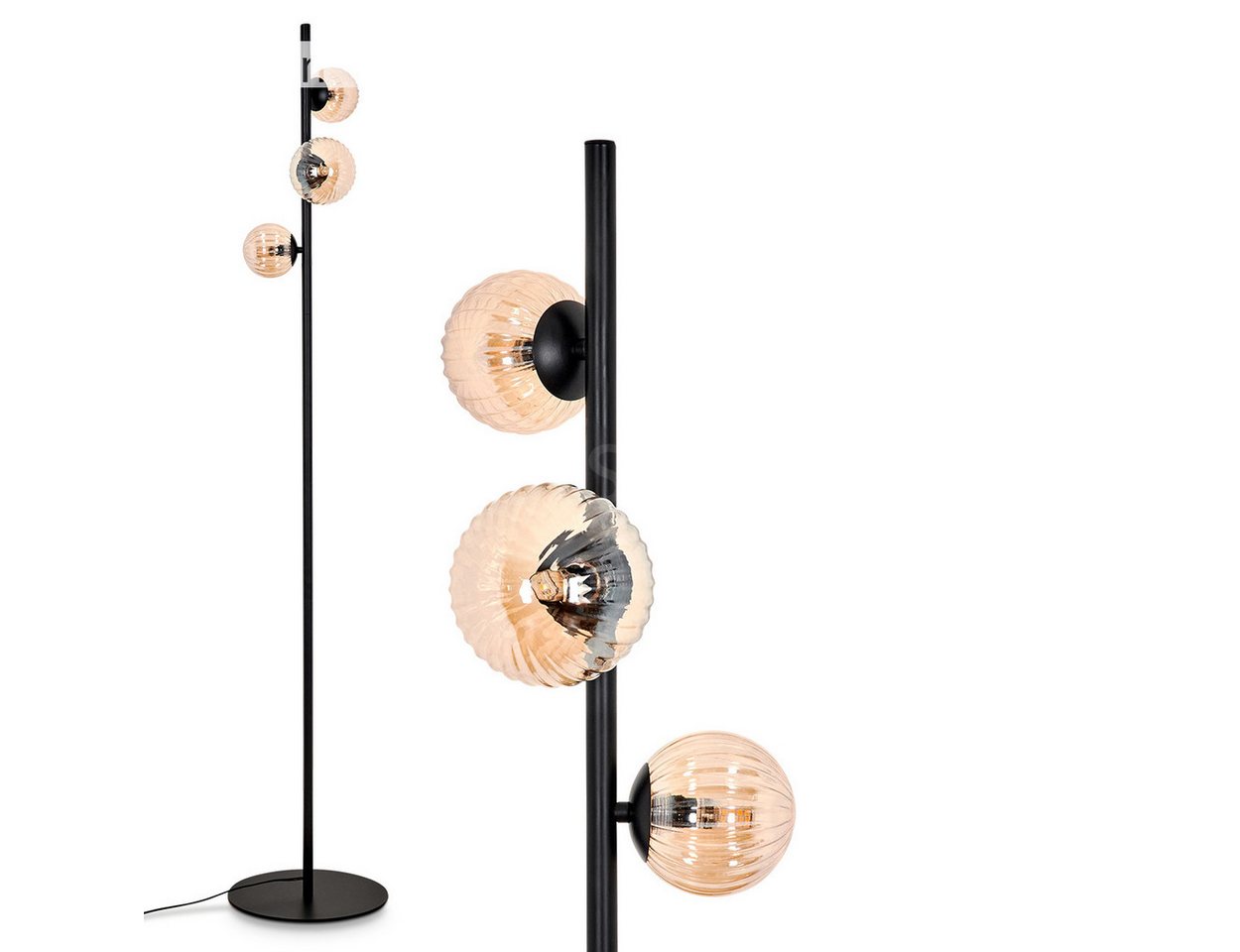 hofstein Stehlampe Stehlampe aus Metall/Riffelglas in Schwarz/Bernsteinfarben, ohne Leuchtmittel, Leuchte, Glasschirme (10cm, 12cm),Schalter, 3x G9, ohne Leuchtmittel von hofstein