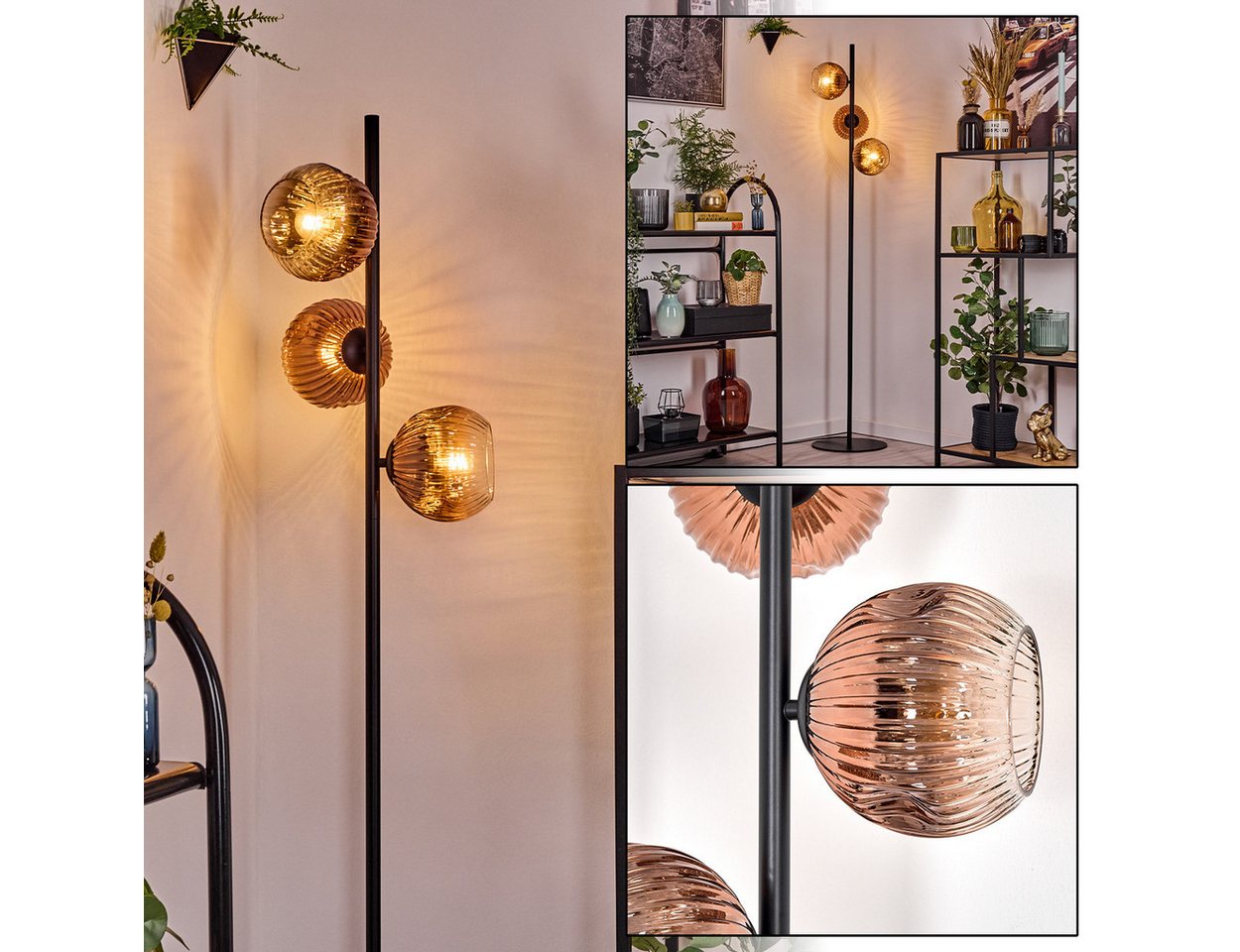 hofstein Stehlampe Stehlampe aus Metall/Riffelglas in Schwarz/Kupfer/Klar, Leuchte im Retro/Vintage-Design (Schirme 15 cm), Fußschalter, E14 von hofstein