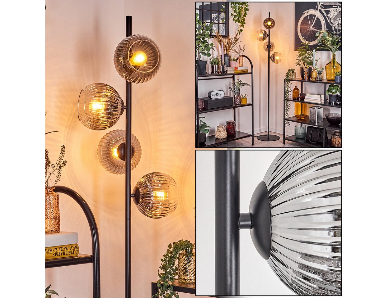 hofstein Stehlampe Stehlampe aus Metall/Riffelglas in Schwarz/Rauch/Klar mit Fußschalter, ohne Leuchtmittel, Stehleuchte im Retro/Vintage-Design mit Glasschirmen (15 cm), E14 von hofstein