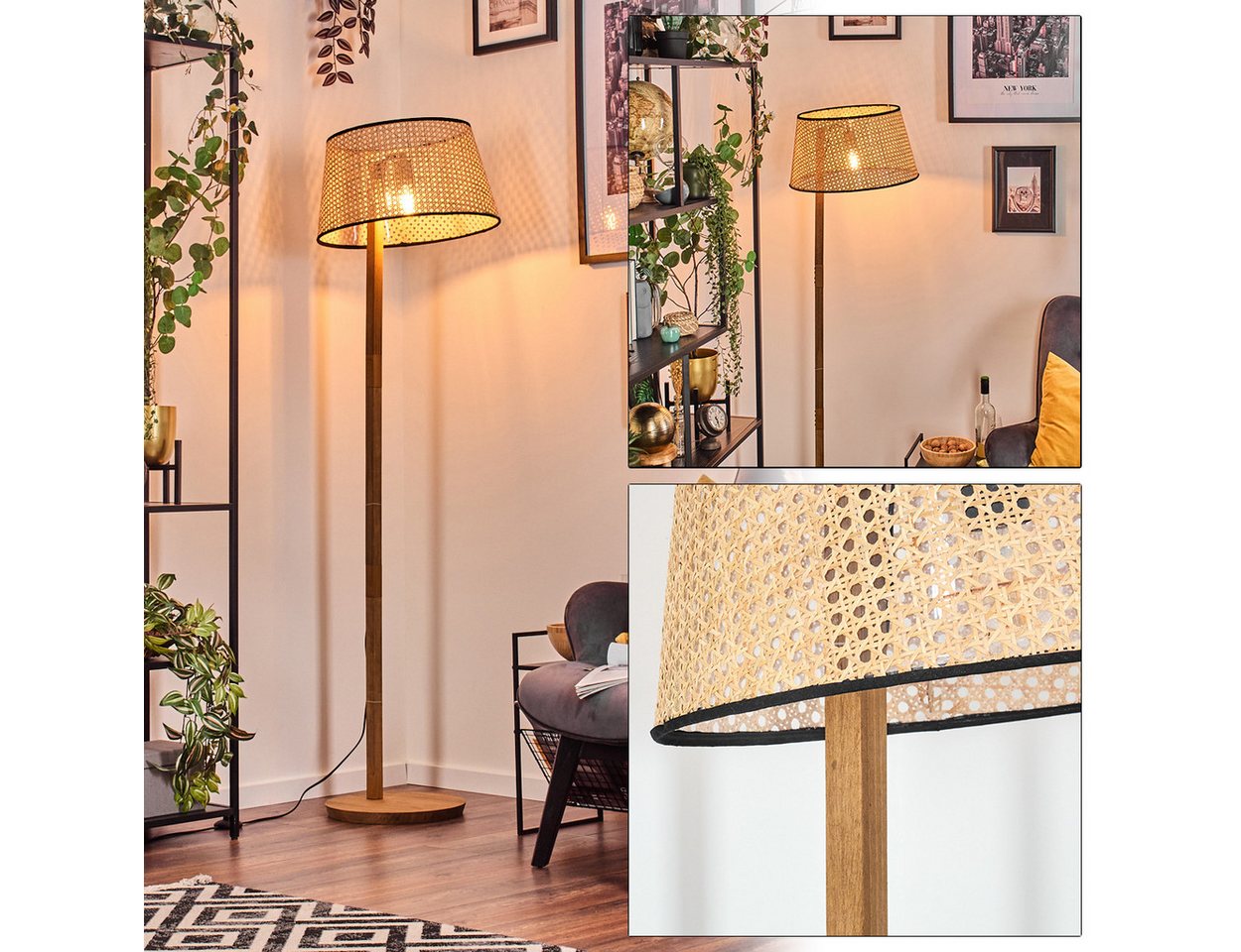 hofstein Stehlampe Stehlampe mit Holzfuß und Schirm aus Rattan, ohne Leuchtmittel, Boho-Style, skandinavisches Design (45 cm), Fußschalter, 1 x E27 von hofstein
