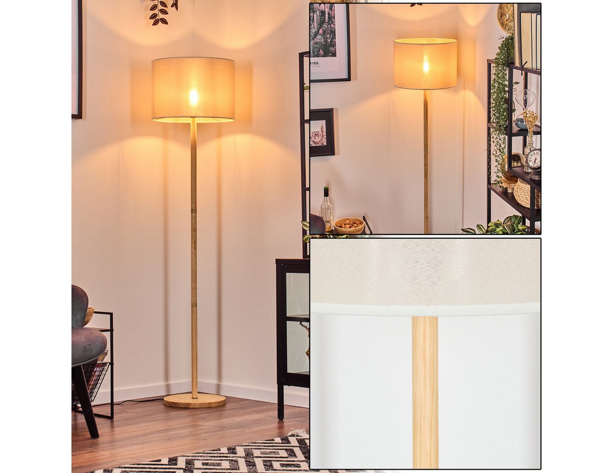 hofstein Stehlampe Stehlampe mit Holzfuß und Schirm aus Stoff, ohne Leuchtmittel, Boho-Style, skandinavisches Design (40 cm), Fußschalter, 1 x E27 von hofstein
