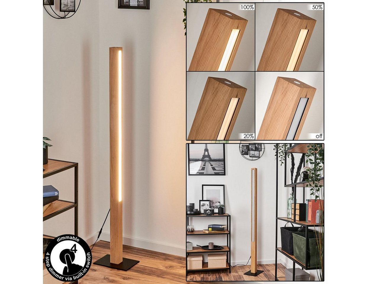 hofstein Stehlampe dimmbare Stehlampe im Boho-Design aus Holz/Metall in Natur/Schwarz, LED fest integriert, 3000 Kelvin, über An-/Ausschalter schalt- und dimmbar, Höhe 141cm, max. 4680 Lumen von hofstein