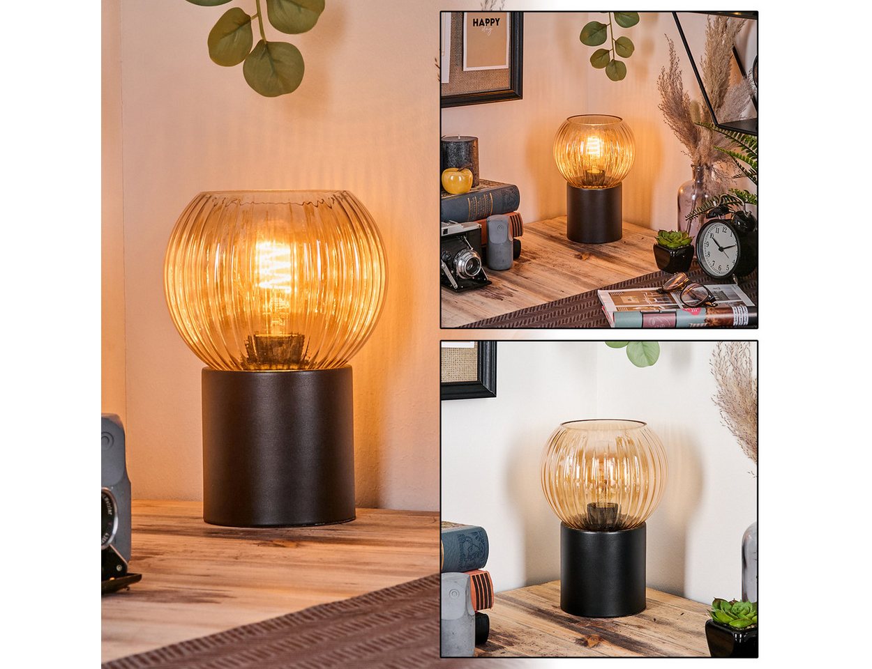 hofstein Tischleuchte Tischlampe aus Metall/Riffelglas in Schwarz/Bernsteinfarben, ohne Leuchtmittel, Leuchte im Retro/Vintage-Design mit Glasschirm (15 cm), 1 x E14 von hofstein