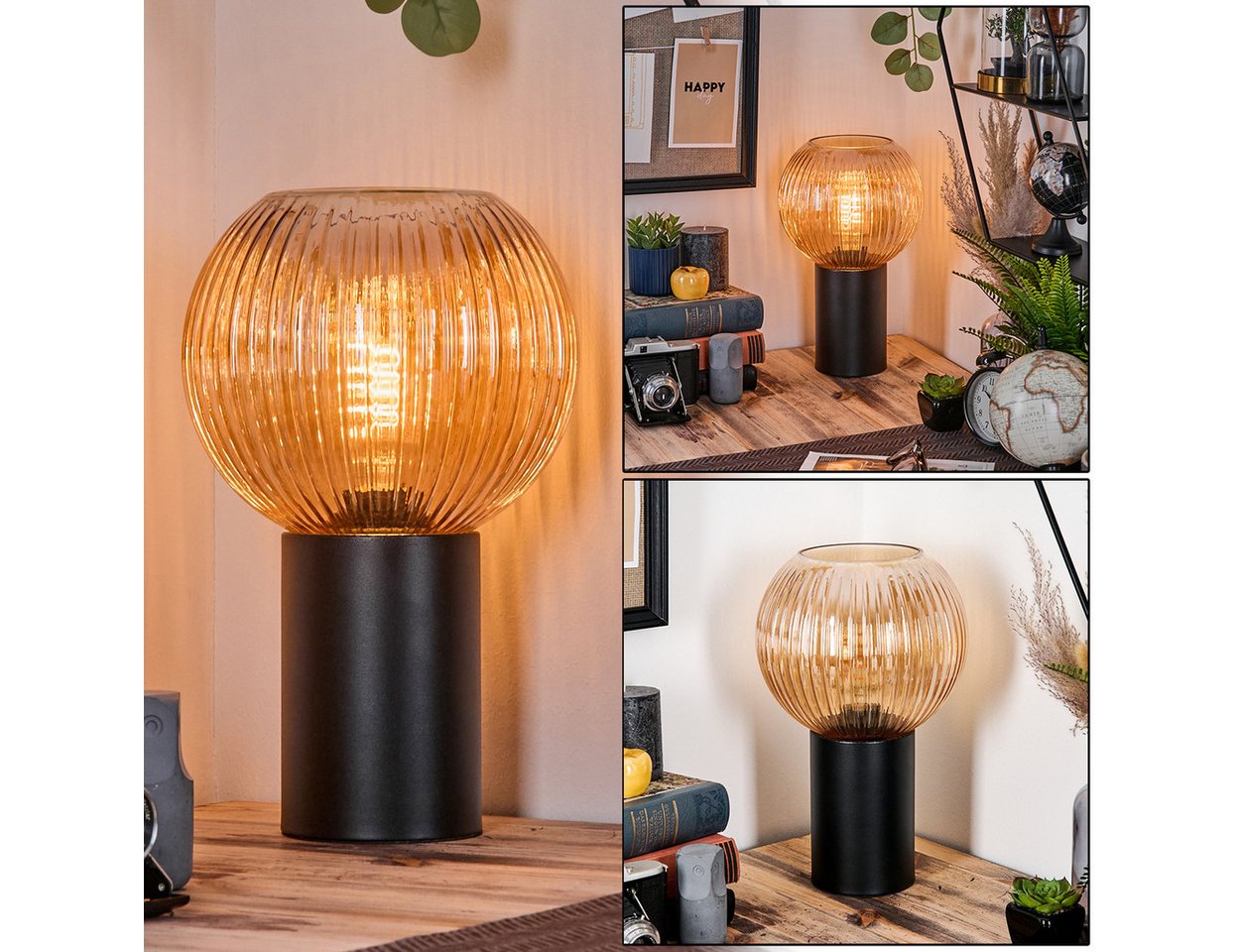 hofstein Tischleuchte Tischlampe aus Metall/Riffelglas in Schwarz/Bernsteinfarben, ohne Leuchtmittel, Leuchte im Retro/Vintage-Design mit Glasschirm (20 cm), 1 x E27 von hofstein