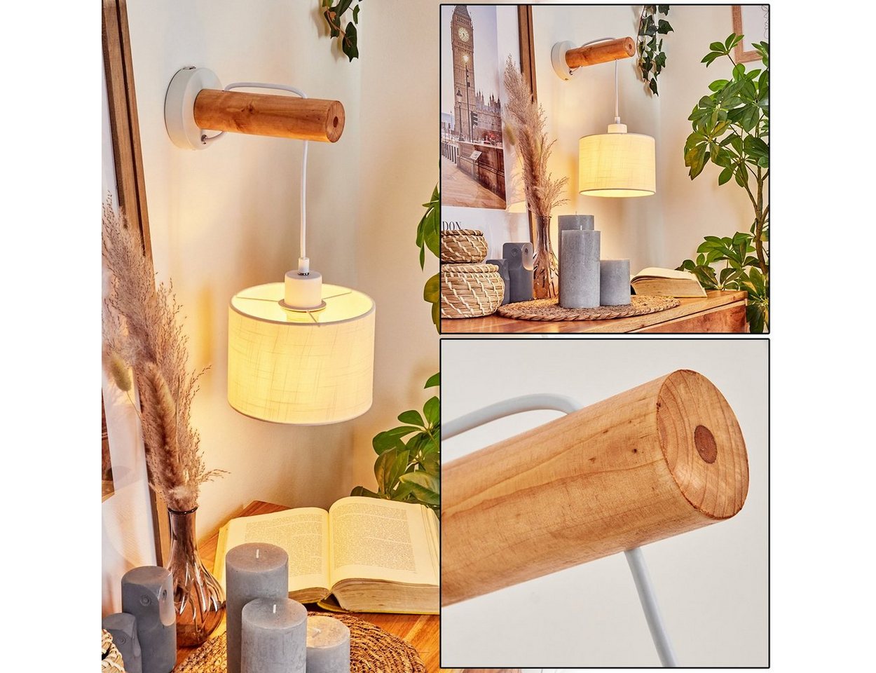 hofstein Wandleuchte »Casape« Wandlampe aus Metall/Holz/Textil in Weiß/Natur, ohne Leuchtmittel, E27, moderner Wandspot mit Stoff-Schirm u. An-/ Ausschalter am Gehäuse von hofstein