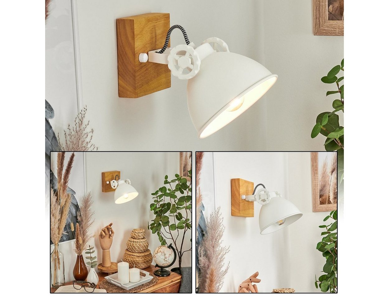 hofstein Wandleuchte »Mot« moderne Wandlampe aus Metall/Holz in Weiß/Natur, ohne Leuchtmittel, Design mit Stellschrauben und verstellbarem Schirm (15, 5cm), 1xE14 von hofstein