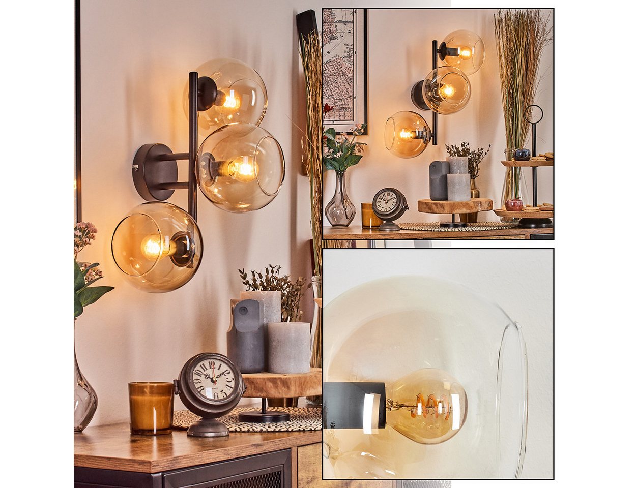 hofstein Wandleuchte Wandlampe aus Metall/Glas in Schwarz/Bernstein/Klar, moderne Leuchte im Retro/Vintage-Design (15 cm), E14, Wohnzimmer von hofstein