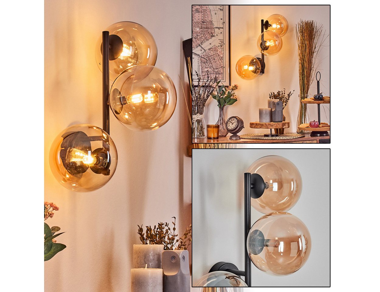 hofstein Wandleuchte Wandlampe aus Metall/Glas in Schwarz/Bernsteinfarben, ohne Leuchtmittel, moderne Wandleuchte im Retro/Vintage-Design (Schirme 15 cm), G9 von hofstein