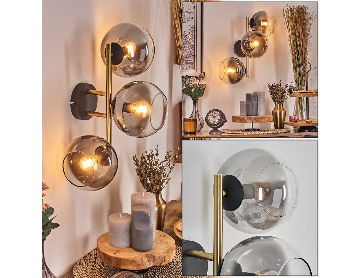 hofstein Wandleuchte Wandlampe aus Metall/Glas in Schwarz/Gold-/Rauchfarben/Klar, moderne Wandleuchte im Retro/Vintage-Design (Schirme 15 cm), E14 von hofstein