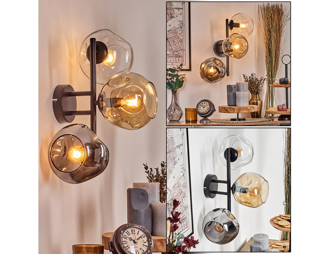 hofstein Wandleuchte Wandlampe aus Metall/Glas in Schwarz/Rauch/Bernstein/Klar, moderne Leuchte im Vintage-Design (Schirme Ø 15 cm), E14, Wohnzimmer von hofstein