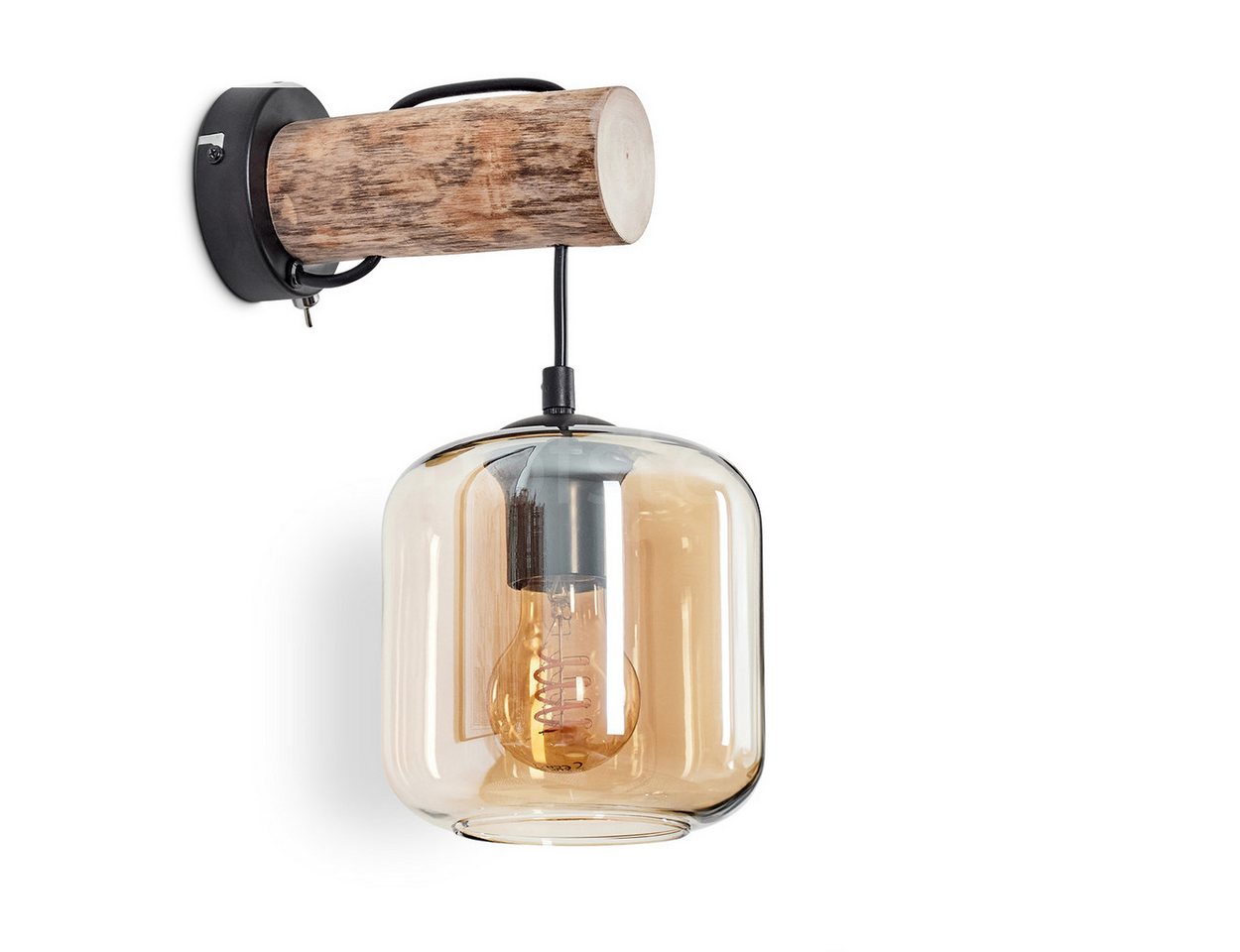 hofstein Wandleuchte Wandlampe aus Metall/Holz/Glas in Schwarz/Natur/Bernstein, ohne Leuchtmittel, Leuchte mit Glasschirmen (15cm) u. Schalter, 1xE27, ohne Leuchtmittel von hofstein