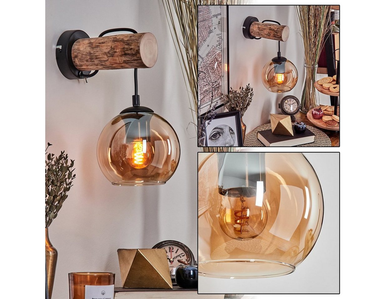 hofstein Wandleuchte Wandlampe aus Metall/Holz/Glas in Schwarz/Natur/Bernstein, ohne Leuchtmittel, Leuchte mit Glasschirmen (15cm) u. Schalter, 1xE27, ohne Leuchtmittel von hofstein