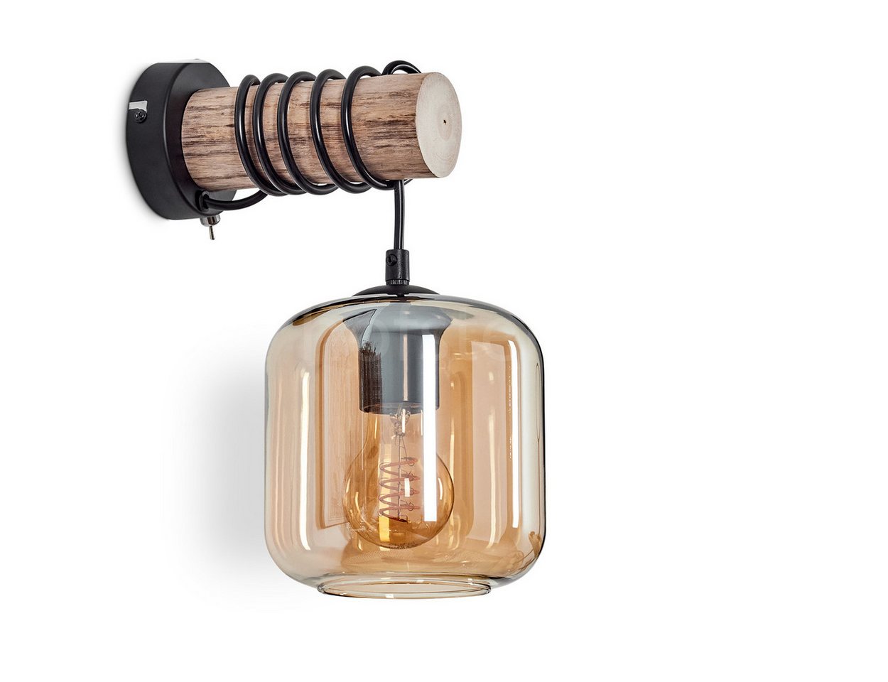 hofstein Wandleuchte Wandlampe aus Metall/Holz/Glas in Schwarz/Natur/Bernstein, ohne Leuchtmittel, Leuchte mit Glasschirmen (15cm) u. Schalter, 1xE27, ohne Leuchtmittel von hofstein