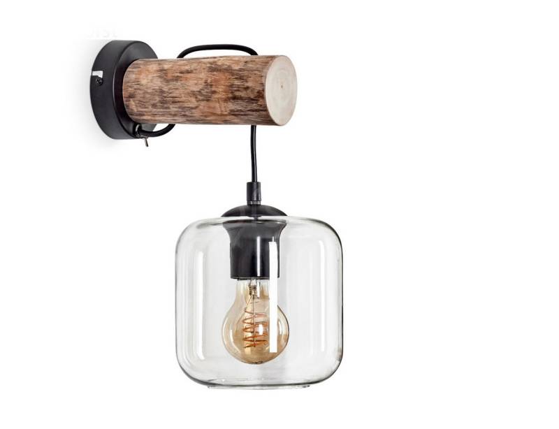 hofstein Wandleuchte Wandlampe aus Metall/Holz/Glas in Schwarz/Natur/Bernstein/Klar, ohne Leuchtmittel, Leuchte mit Glasschirmen (15cm) u. Schalter, 1xE27, ohne Leuchtmittel von hofstein