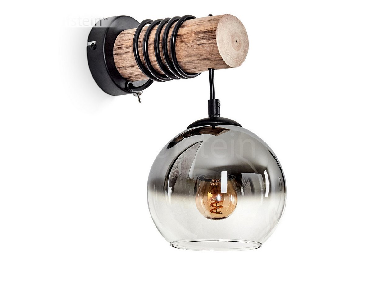hofstein Wandleuchte Wandlampe aus Metall/Holz/Glas in Schwarz/Natur/Chrom/Klar, ohne Leuchtmittel, Leuchte mit Glasschirmen (15cm) u. Schalter, 1xE27, ohne Leuchtmittel von hofstein